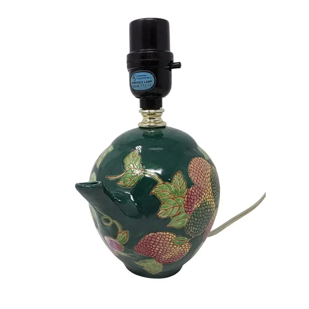 Vintage Ceramic Teapot Lamp Raised Fruit Green Chinoiserie Table Light